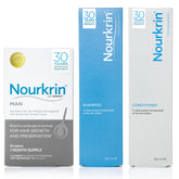 Nourkrin Man 180 tablets bottle, highlighting nutrients for hair follicles.