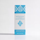 Novana Naturals deodorant bottle showing aluminum-free odor protection in a bathroom setting.