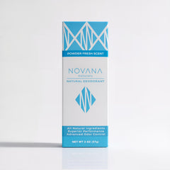 Novana Naturals deodorant bottle showing aluminum-free odor protection in a bathroom setting.