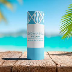 Novana Naturals paper tube packaging emphasizing plastic-free, eco friendly design.