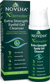 NOVEHA Demodex Eyelid Gel Cleanser bottle pour for gentle daily cleansing