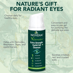 NOVEHA Demodex Eyelid Gel Cleanser with Tea Tree Oil and visible botanicals