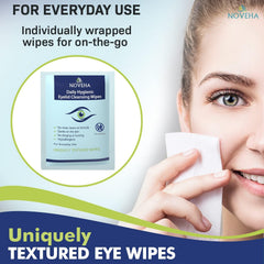 NOVEHA eyelid cleansing wipe shown for blepharitis care.