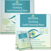NOVEHA eyelid wipes packaging close-up showing compact travel-friendly design.