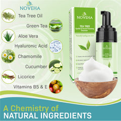 NOVEHA Tea Tree Foaming Cleanser gentle formula for sensitive eyelids and lashes.