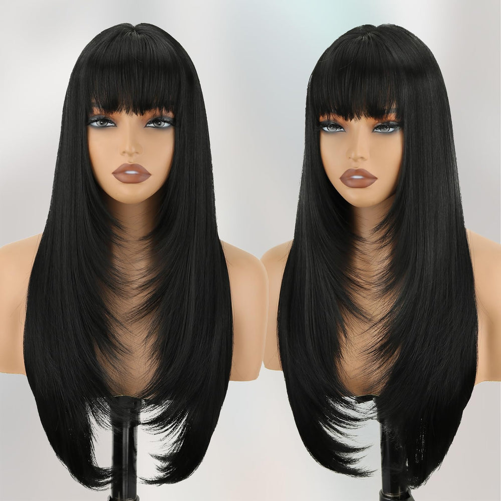 NOVFLKW black long straight wig with bangs for a natural scalp look