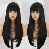NOVFLKW black long straight wig with bangs for a natural scalp look