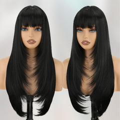NOVFLKW black long straight wig with bangs for a natural scalp look