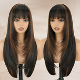 NOVFLKW highlight long straight wig with bangs 26-inch blends naturally for daily wear.