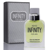 NovoGlow Novo Infinity for Men bottle front shows a citrus-forward scent identity.