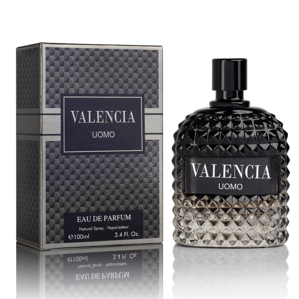 NovoGlow Valencia UOMO bottle top view shows premium masculine design for everyday style