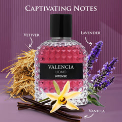 NovoGlow Valencia UOMO Intense close-up highlights vanilla bourbon top note and warm sweetness.