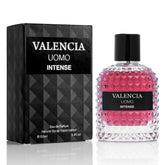NovoGlow Valencia UOMO Intense bottle front reveals amber fougere elegance for confident evenings.