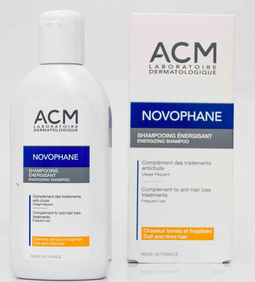 Novophane Energisant bottle close-up for refreshing scalp cleansing.