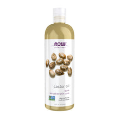NOW Foods Castor Oil bottle closeup showing pure versatile skin care emollient