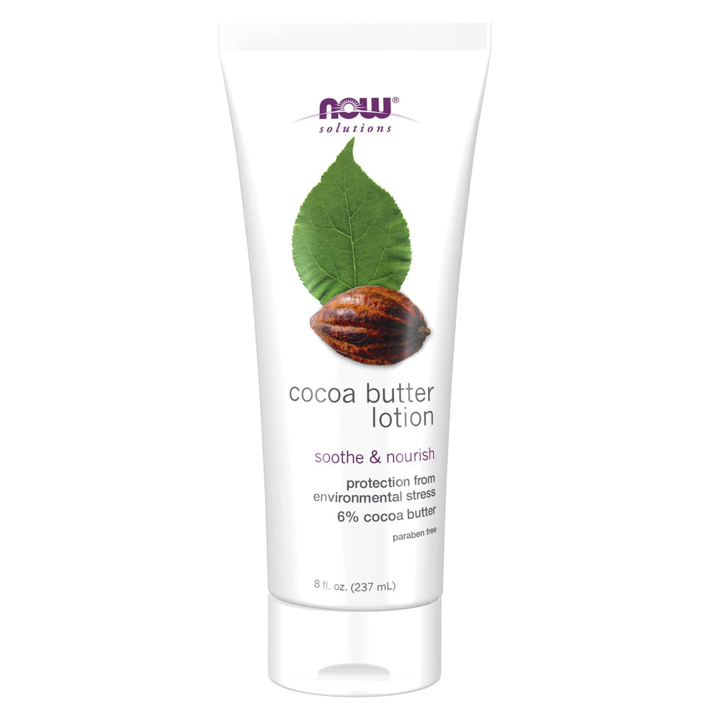 NOW Foods Cocoa Butter Lotion bottle, rich hydration for dry skin.