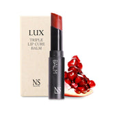 NS Beauty Lux Triple Lip Cure Balm Athena Red Orange application showing hydration