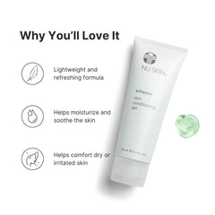 Nu Skin Enhancer Skin Conditioning Gel label highlights lightweight hydration for daily use.