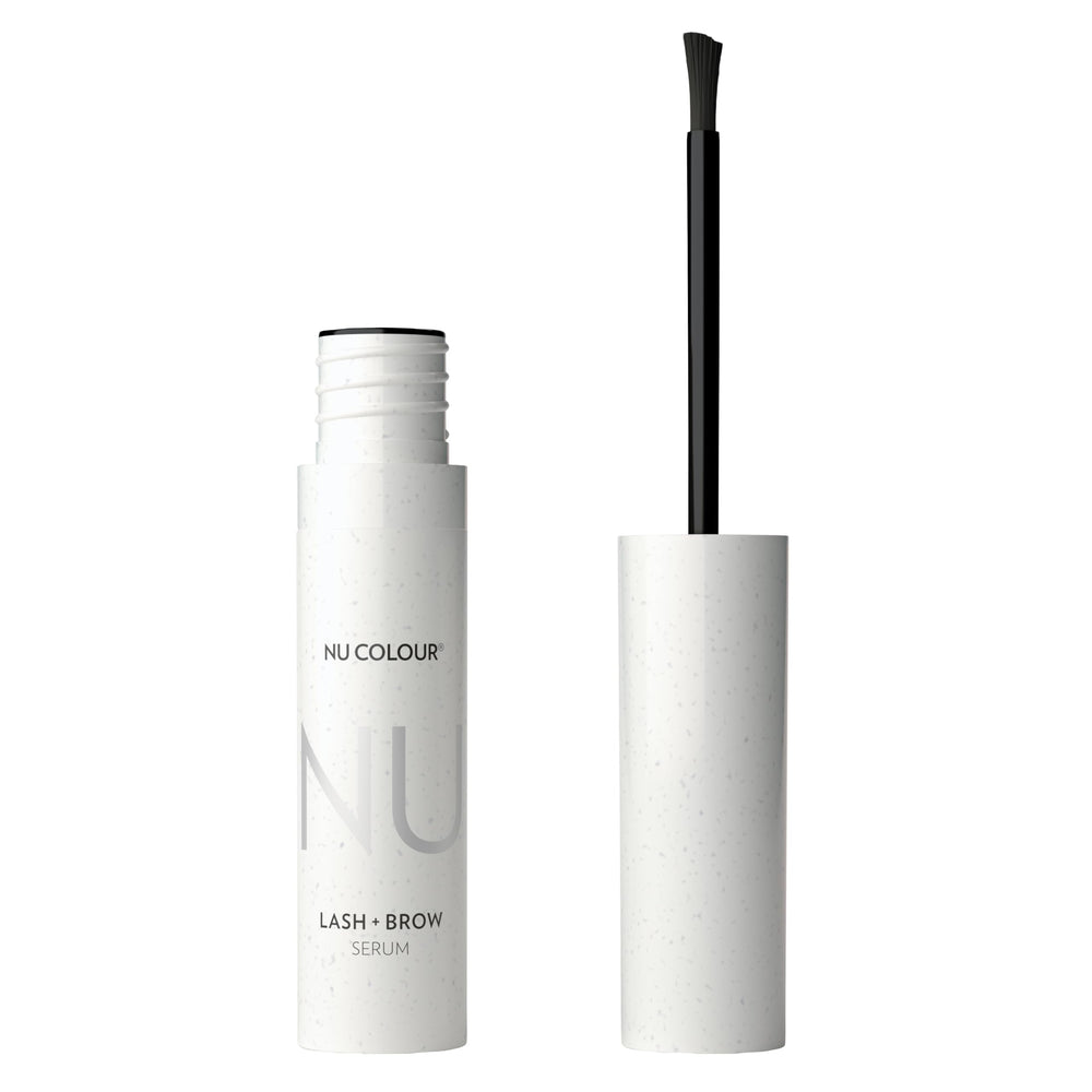 Nu Skin Nu Colour Lash + Brow Serum bottle shown for daily lash and brow care.