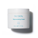 Nu Skin Rejuvenating Cream bottle closeup highlighting hydrating formula for dry skin.