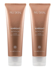 Nu Skin Sunright Insta Glow Self Tanner Gel bottle pour showing quick, even application for natural tan