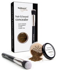 NuBeauti mustache, beard and hair root touch-up powder in dark brown for natural coverage.