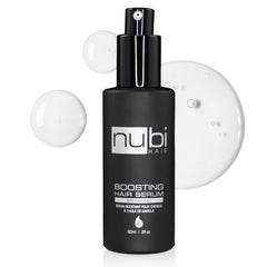 Nubi Hair Marula Anti Frizz Serum bottle demonstrates frizz control and shine