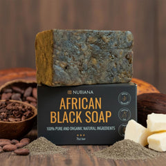 Nubiana raw black soap bar 7oz for deep cleansing of face and body.