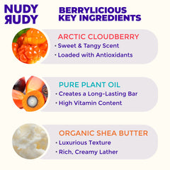 Nudy Rudy Berrylicious Soap Bar Puck packaging highlights organic shea butter.