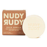 Nudy Rudy Killa Vanilla Soap Bar Puck delivers warm vanilla aroma during showers.