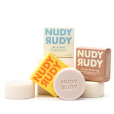 Nudy Rudy Milkshake Bundle soap puck close-up showing creamy lather for gentle cleansing