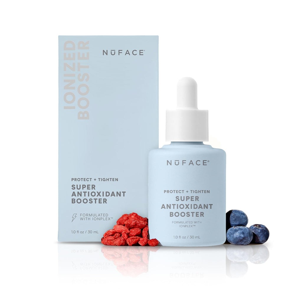 NuFACE Antioxidant Serum bottle shown for daily skincare protection and firming prep