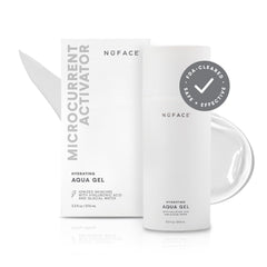 NuFACE Aqua Gel Activator bottle shows hydrating microcurrent-ready gel for toning sessions.