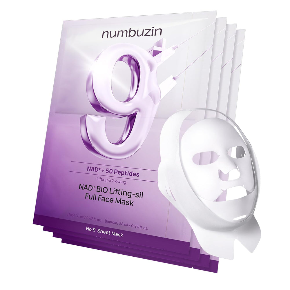 Numbuzin No.9+ NAD+ mask packaging highlights two piece design for sculpted look