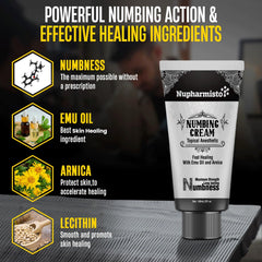 Nupharmco Numbing Cream texture featuring menthol, Arnica and Emu Oil for soothing feel.