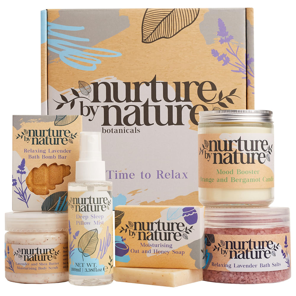 Nurture by Nature Botanicals Relaxing Gift Basket image for at-home pampering and stress relief.