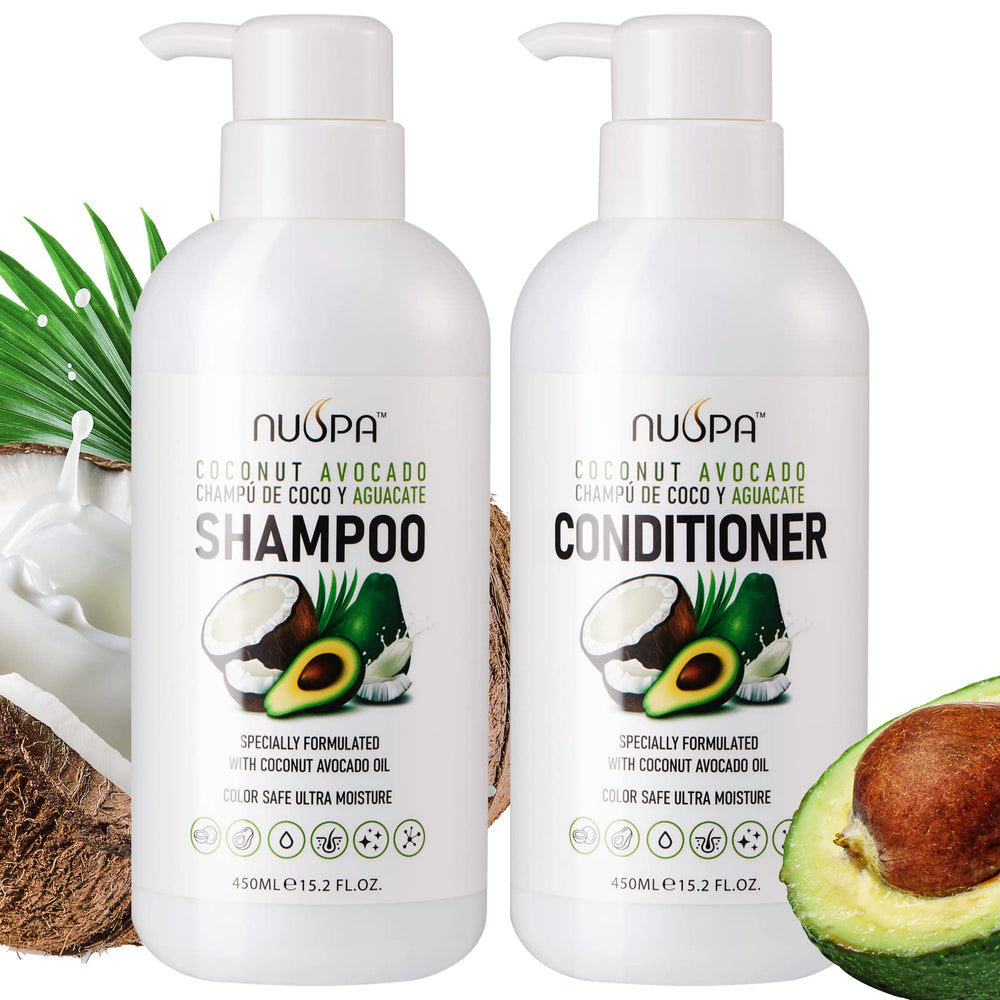 NUSPA Coconut Avocado Shampoo bottle shows color-safe moisture and shine.