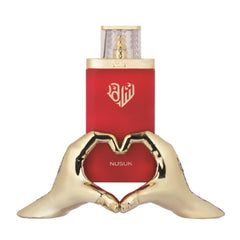 Nusuk Saher EDP bottle front view, conveys elegant design and lasting fragrance.