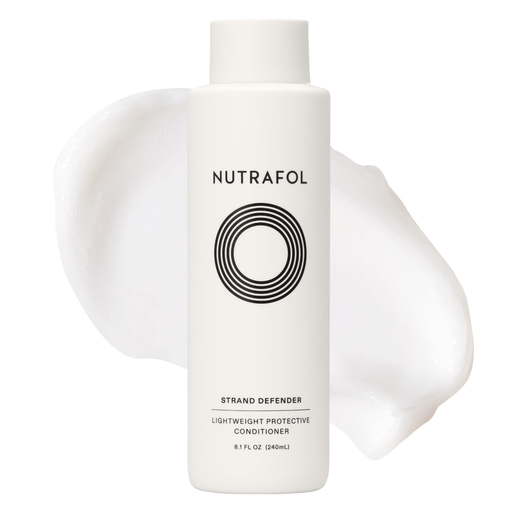 Nutrafol Strand Defender Conditioner bottle front highlights color-safe thinning hair support.