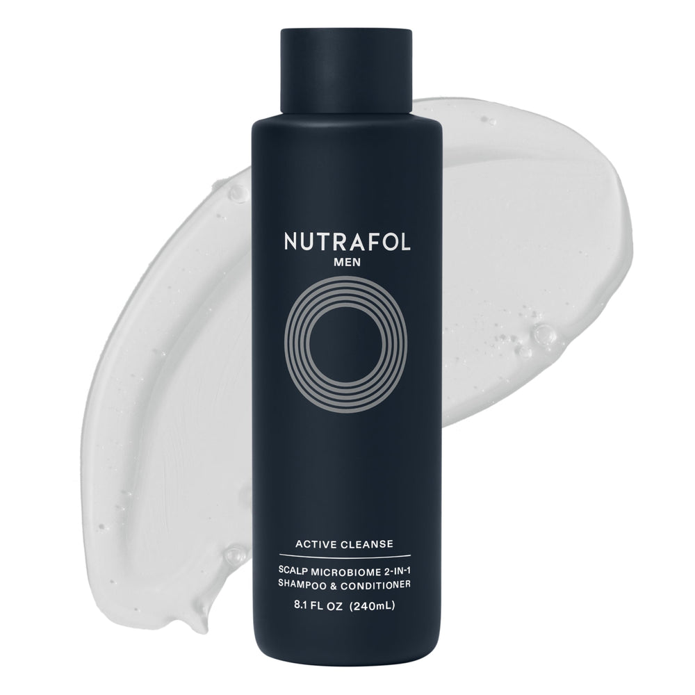 Nutrafol Men’s 2-in-1 bottle pour, showing sulfate-free daily cleansing.