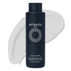 Nutrafol Men’s 2-in-1 bottle pour, showing sulfate-free daily cleansing.