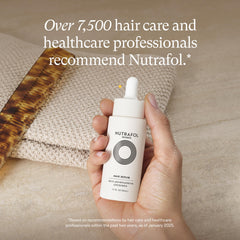 Nutrafol Women's Hair Serum bottle closeup highlighting lightweight, fast-absorbing formula