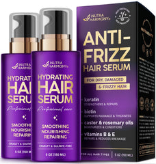 NutraHarmony Hydrating Hair Serum bottle with pump promoting quick moisture and shine.