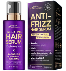NutraHarmony hydrating hair serum bottle for smooth, frizz control.
