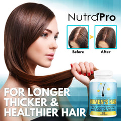 NutraPro Hair Growth Pills label highlights biotin and saw palmetto for nourished strands.