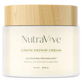 NutraVive Crepe Repair Cream jar open; creamy hydration for crepey skin.