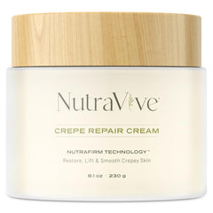 NutraVive Crepe Repair Cream jar open; creamy hydration for crepey skin.
