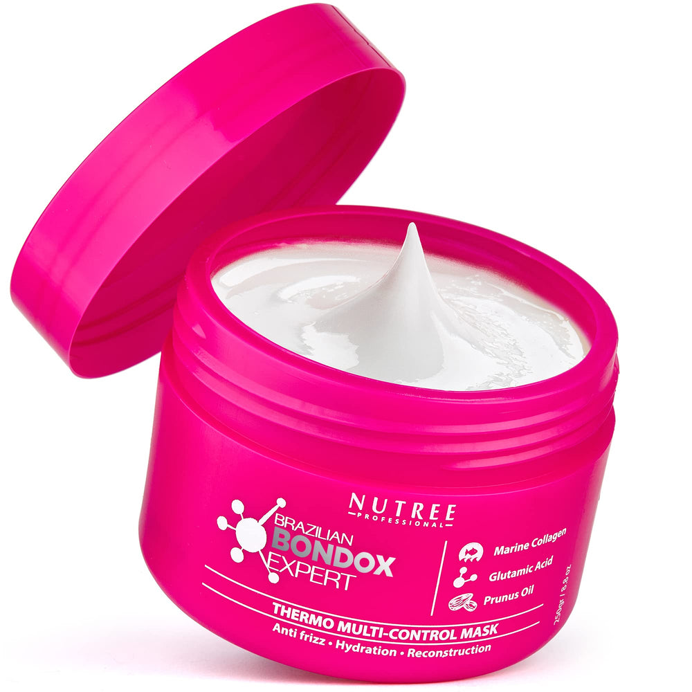 Nutree Professional hair mask jar closeup for damaged hair with Bondox benefits.