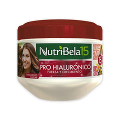 Nutribela 15 Pro hyaluronic bottle pouring, suggesting hydration support for stronger, shinier hair.