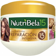 Nutribela15 Intensive Repair bottle highlighting its 15-ingredient formula for smoother, shinier hair